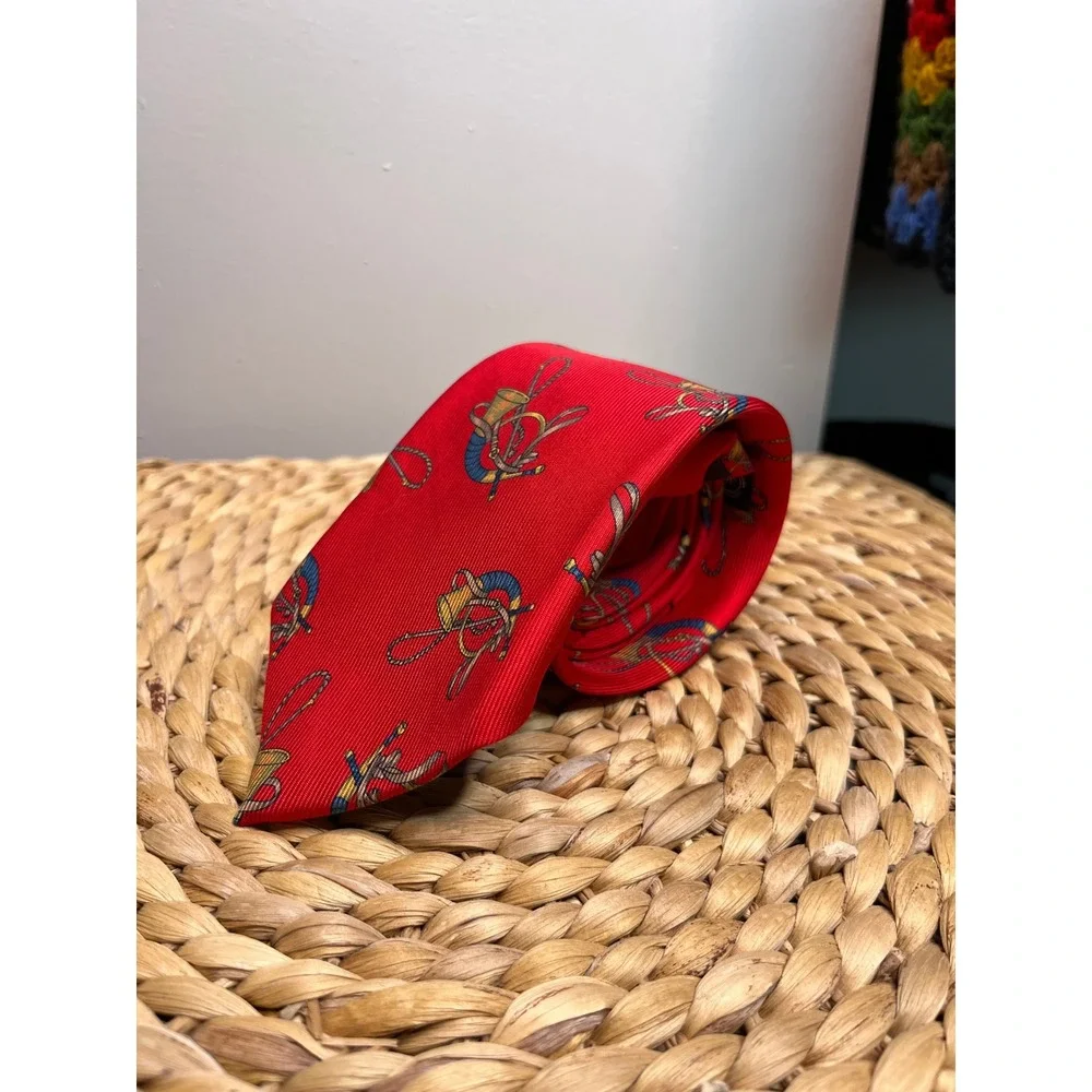 1980s Jacob Roberts Schriver's Red Hunting Bugle Horn Old Money Silk Tie